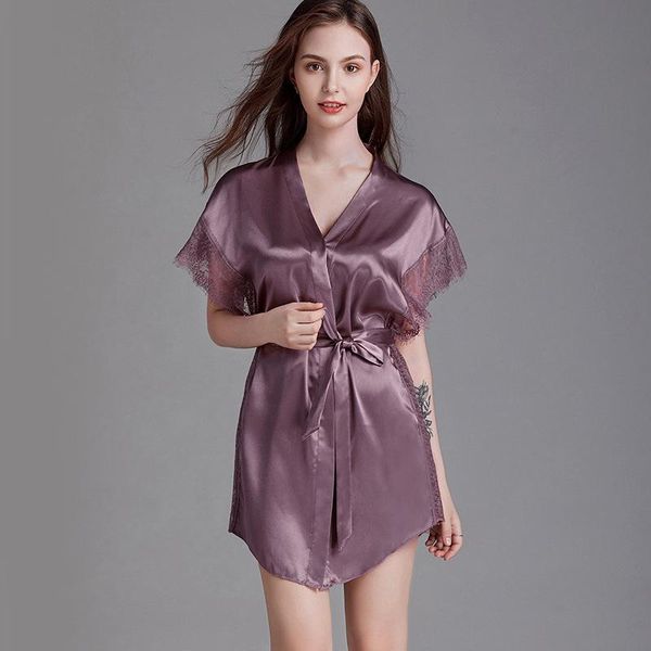 

women's sleepwear lace robe women pajama summer imitated silk fabric nightgown gown thin home clothing moring clothes solid color, Black;red