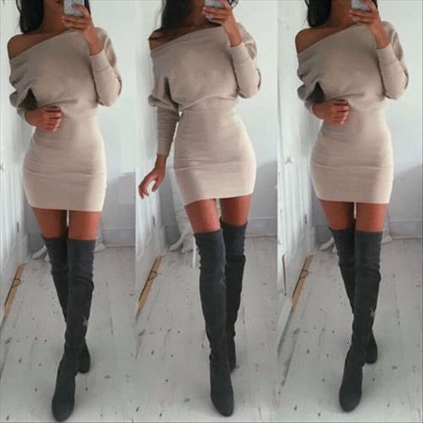 

stylish casual off shoulder women dress khaki solid long sleeve party cotton bodycon mini dresses, Black;gray
