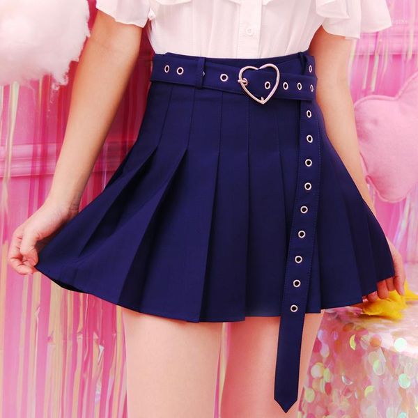 

summer women mini skirts high waist harajuku cute sweet pleated skirt with heart belt 4 colors s-xl #51231, Black