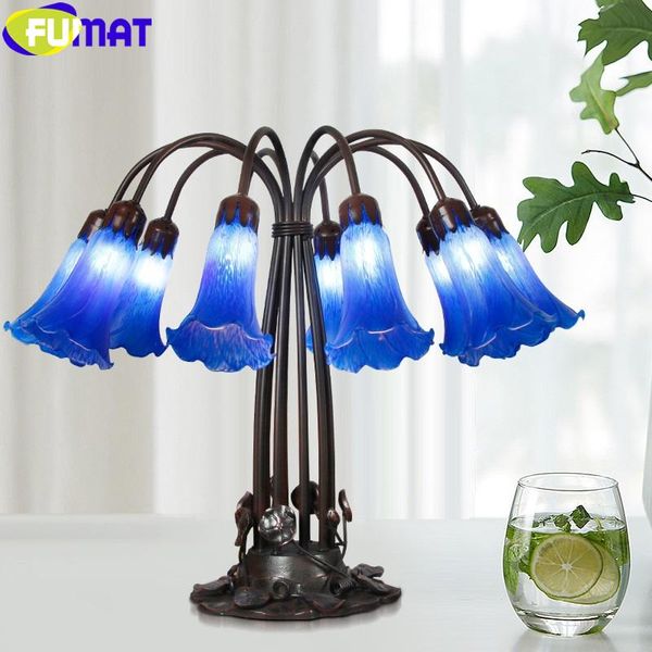 

fumat tiffany style 10 heads desk light blue trumpet flower stained glass table lamp alloy lotus frame art antique luxury decor