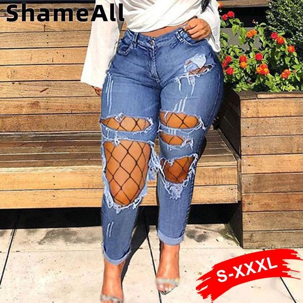 

women's jeans plus size ripped holes hollow out mesh stretchy skinny 3xl vintage slit pantalones vaqueros mujer blue denim pencil pants