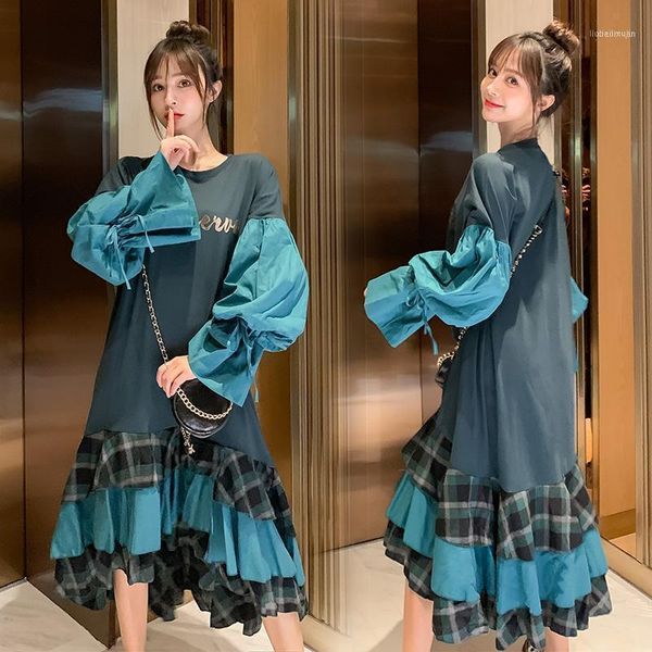 

korean style flare sleeve maternity fleece dress letter printed patchwork plaid ruffles fish tail pregnant women dresses1 dresses, White