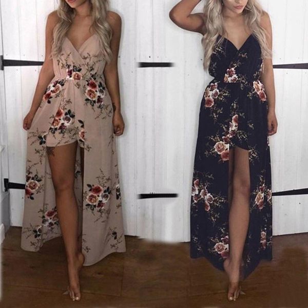 

casual dresses fashion bohemia split long maxi dress womens rose printed boho beach shorts irregular hem party wholesale, Black;gray