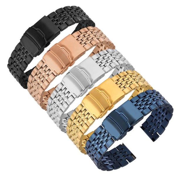 

watch bands 20/22mm luxury solid 7 beads folding clasp stainless steel for men women watches wrist band replace, Black;brown