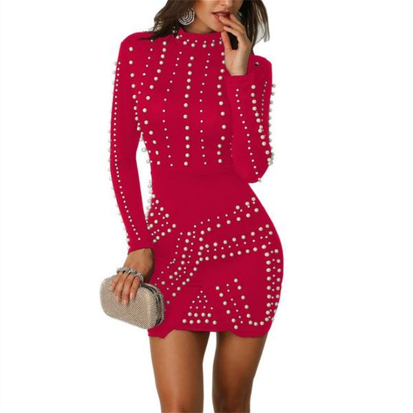 

wrap dresses beading dress women 2021 autumn winter fashion long sleeve ladies bodycon mini blue red black dress, Black;gray