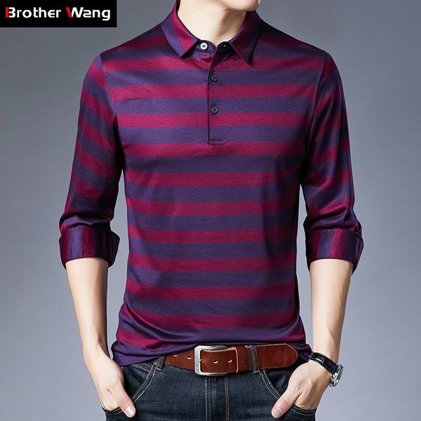

2021 silk men's long sleeve autumn new business fashion stripe lapel t-shirt male brand clothes s3bj, White;black