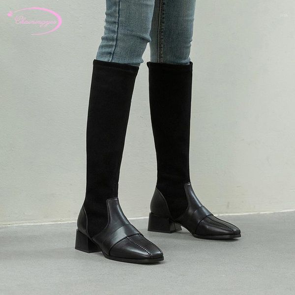 

boots party style comfortable square toe knee-high zipper stretch black medium heeled chunky motorcycle women's shoes1