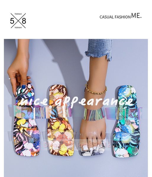 

2021 summer large size flat slippers women's color square toe one word beach shoes fashion all-match sandals 35-43, Black