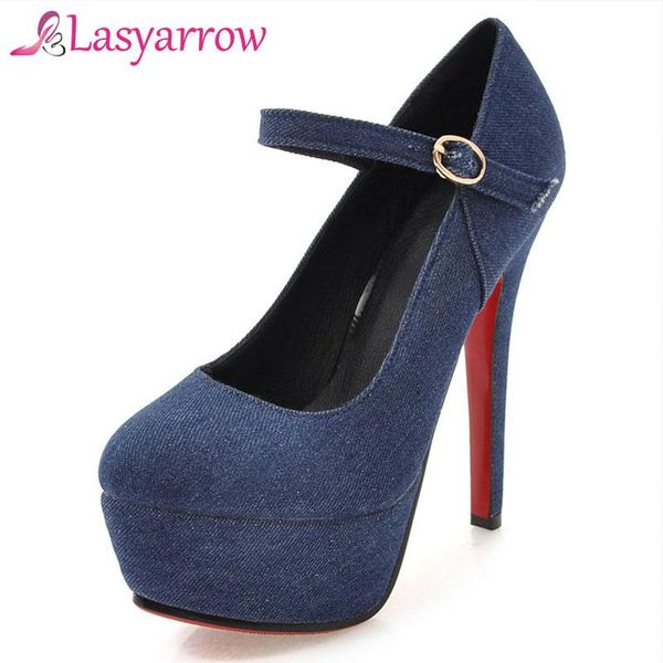 

dress shoes lasyarrow ladies round platform blue denim ankle strap thin stiletto heel office party pumps high heels women's, Black