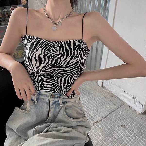 

fashion and simple zebra pattern plain camisole women's thin shoulder strap tight cropped top, White