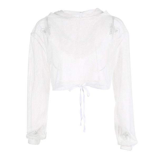 

women's hoodies & sweatshirts sis 2021 spring cainival women mini hoodie fashion long sleeve plain white casual loose see through mesh, Black