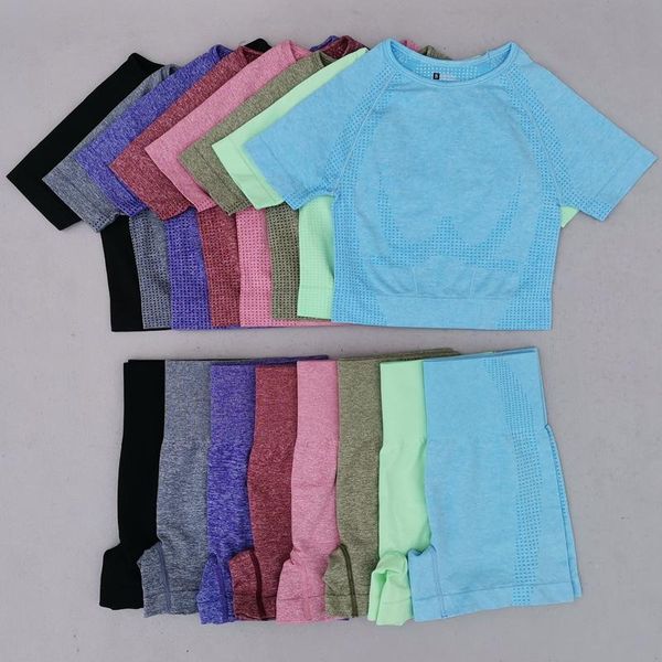 

yoga outfit summer seamless women sports suit fitness sportswear workout clothes short sleeve crop high waist shorts gym set