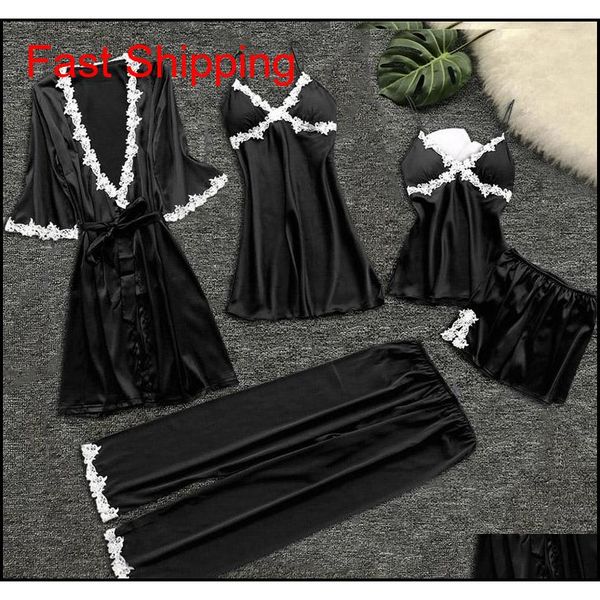 

5 pieces women pajama sets flower printing pajamas nightgown silk sleepwear nightdress underwear robes set sat jllawi yycolor, White;black