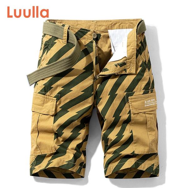 

luulla summer new fashion men print pattern cotton cargo shorts men casual loose fit mutil pockets striped shorts legwear, White;black