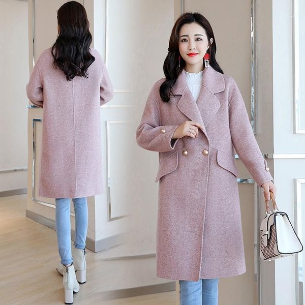 

autumn winter jacket women coat woolen 2021 spring fashion loose long outerwear office lady wool blend sf0016 women's & blends, Black