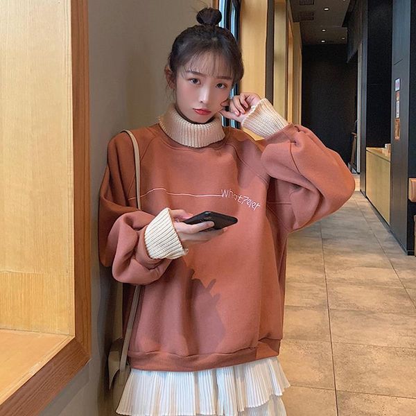 

hoodie lady turtleneck thicken warm harajuku embroidery pullover lady fake two collar casual fashion hoodie streetwear costume, Black