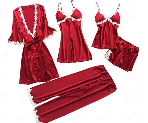 

women's fashion suspenders nightdress pajamas sets silk lace lingerie bathrobes suits homewear sleepwear sleep pants 5 pcs large, Black;red