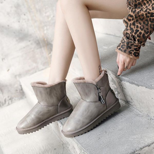 

boots 2021 lovely winter women's snow waterproof pure color flat warm cotton shoes tube suede genuine non-slip girls boot, Black