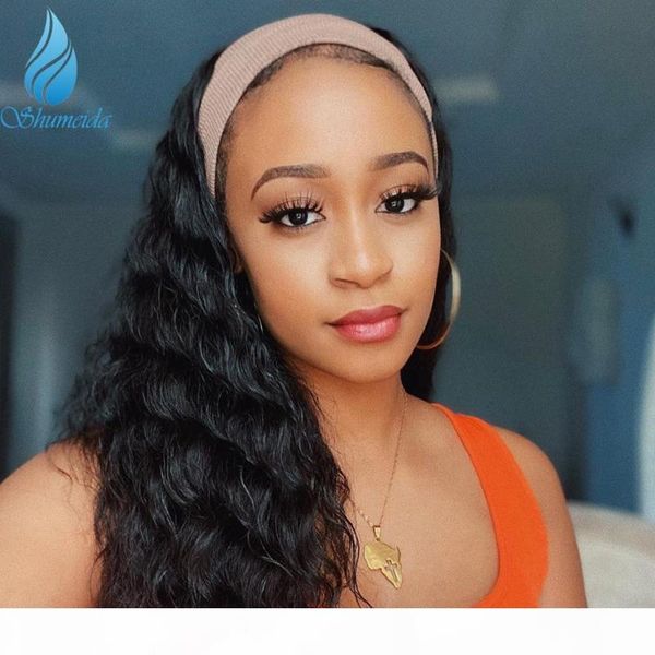 

headband human hair wigs natural color brazilian remy loose wave human hair wig for black women gluless, Black;brown