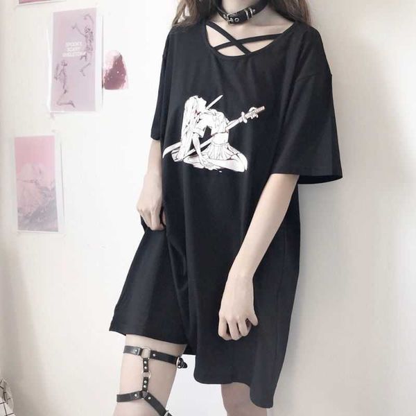 

ss japan preppy style t-shirt goth girl print loose mid-length short-sleeved female student punk harajuku dress 210526, White