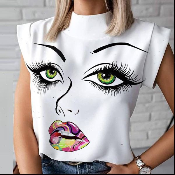 

fashion women lips eyelash print sleeveless blouses shirts 2021 summer ladies elegant office lady casual blusa streetwear, White