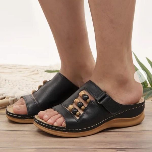 

summer sandals beaded slope heel for women slippers1, Black