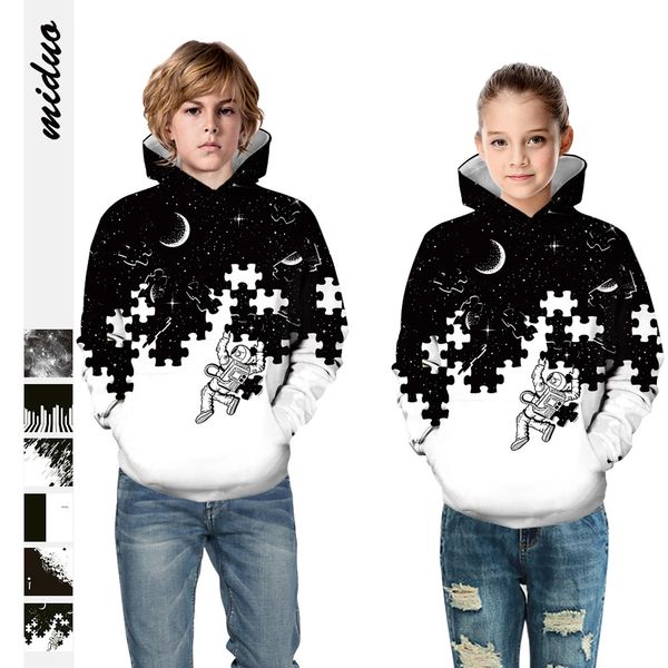 

new star astronaut digital printing children's autumn casual loose hooded long sleeve sweater pullover children's wear, Black
