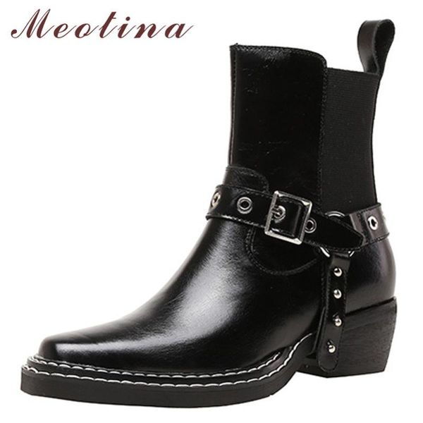 

boots meotina women shoes genuine leather ankle buckle square toe thick high heel ladies footwear zipper 2021 autumn 33-40, Black