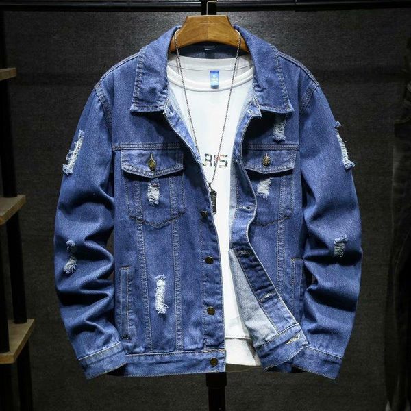 

men's jackets spring autumn men hole denim jacket trend handsome trendy streetwear jeans coats long sleeve ripped casual loose, Black;brown