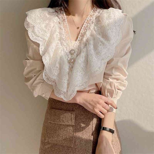 

women's knits & tees sweet lace ruffles femme gentle color-hit loose ol chic fashion stylish all match new blous, White