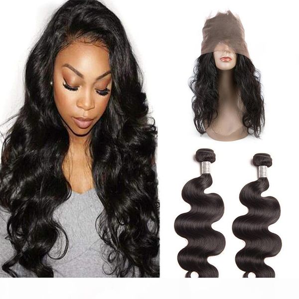 

malaysian human hair 2 bundles with 360 lace frontal 3 peces one lot body wave hair products with 360 lace frontal pre plucked, Black;brown