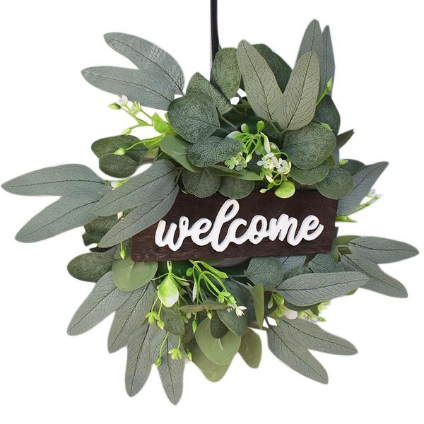 

artificial eucalyptus leaves decorations wreath christmas wreath holiday decor with welcome wood board for home decor