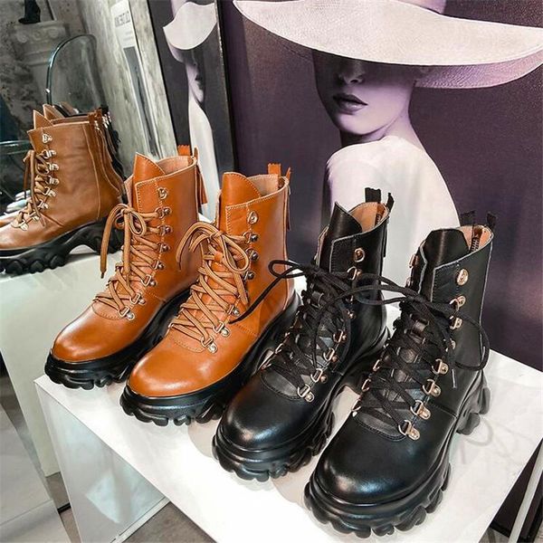 

boots style leather heightening platform ladies cross strap black brown winter fashion