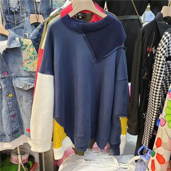 

women's hoodies & sweatshirts [ewq] 2021 autumn winter female vintage minimalist long-sleeved patchwork panelled pullover hooded 8d106, Black