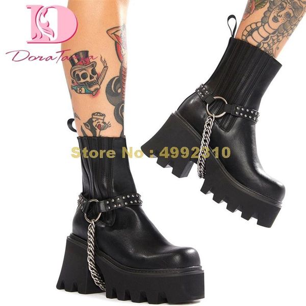 

boots women''s ankle platform chunky high heels short chain motorcycle punk shoes, Black