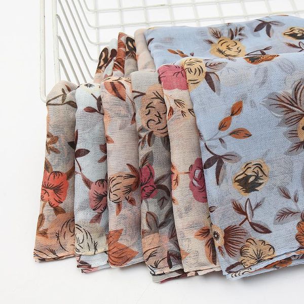 

6 colors fashion spring lovely floral viscose scarf lady print soft voile shawls and wraps foulards muslim hijab sjaal, Blue;gray