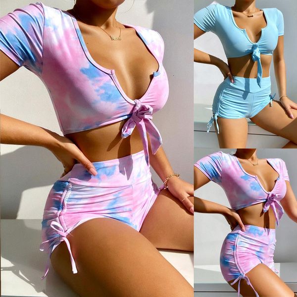 

women badsuit 2021 high taille low cut split bikini mode tie dye printed bandage push-up badpak set beachwear, White;black
