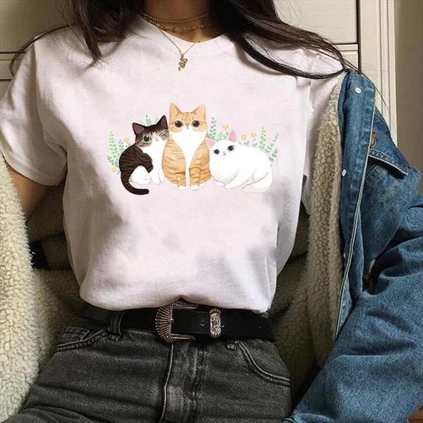 

print graphic cat cartoon womens t shirt 90s style pet animal cute casual printing clothes lady tees female, White