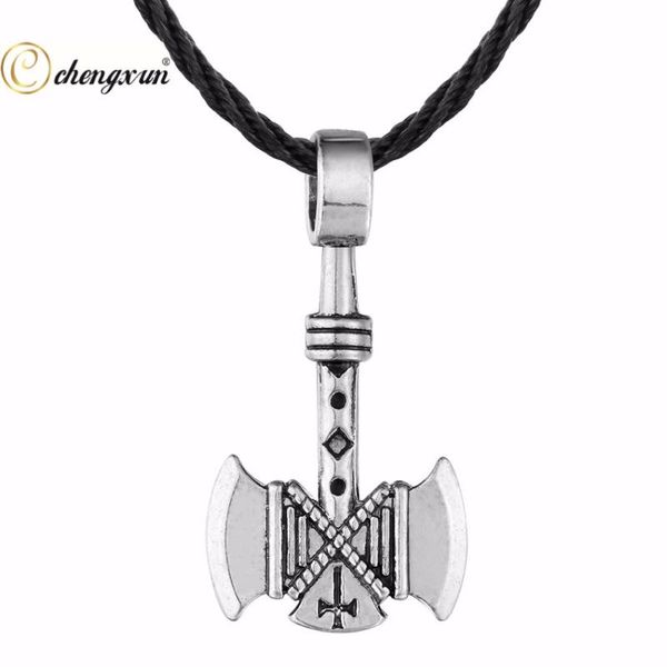 

pendant necklaces chengxun male viking battle axe necklace adjustable black cord gothic for mens steam punk style, Silver