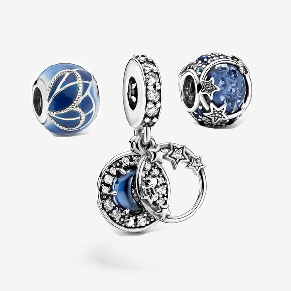 

new 925 sterling silver blue stars style sky crescent moon and stars dangle charm fit pandora bracelet diy jewelry q0531, Black