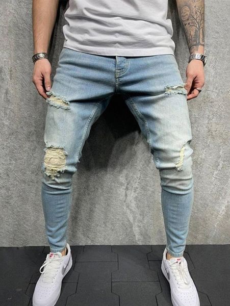 

men stone washed ripped skinny jeans 07lh#, Blue