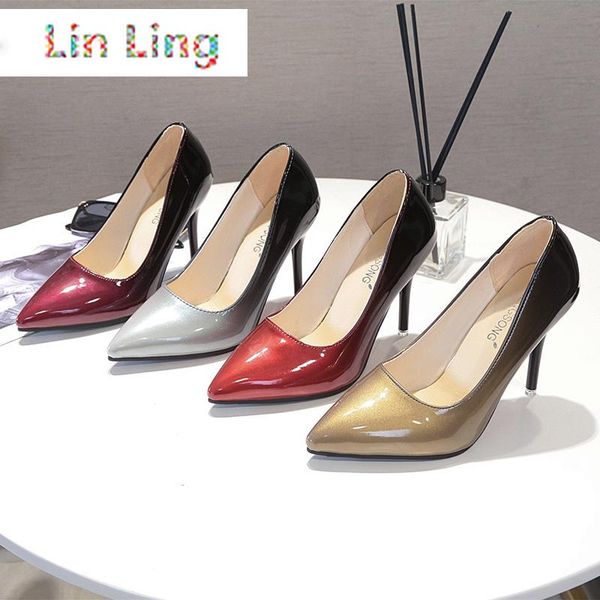 

dress shoes wedding party woman pointed toe women thin heel 10cm heels patent leather big size ladies pumps, Black