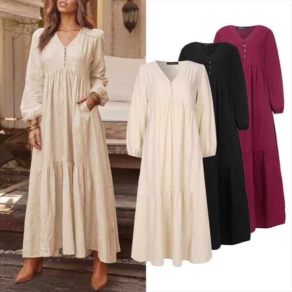

bohemian summer shirt dress womens tank maxi sundress zanzea elegant casual v neck ruflle vestido female long sleeve tunic robe, White