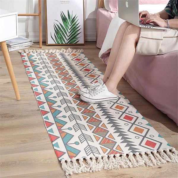 

carpets folk style retro bohemian carpet hand woven cotton linen rug bedside geometric floor mat living room bedroom