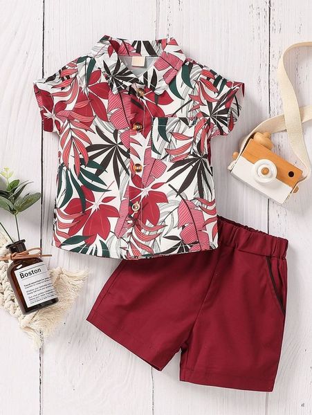 

baby tropical print patched pocket shirt & shorts she, White