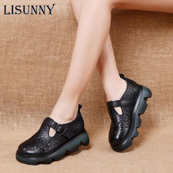 

sandals lisunny comfortable genuine leather women's thick-soled platform wedge heel short shoes round toe, Black