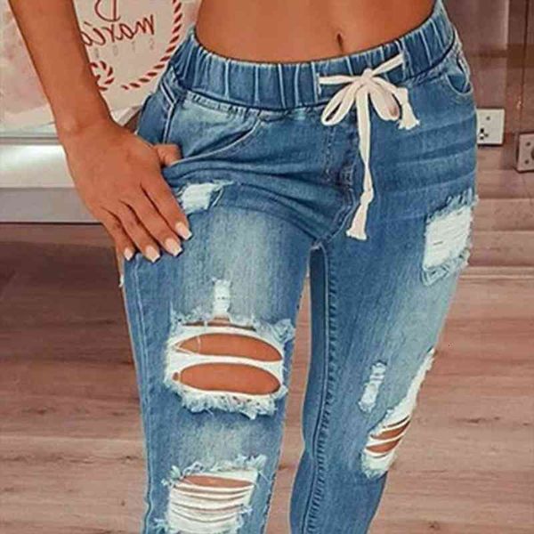 

fashion elastic drawstring holes womens jean long trouser dating streetwear, Blue