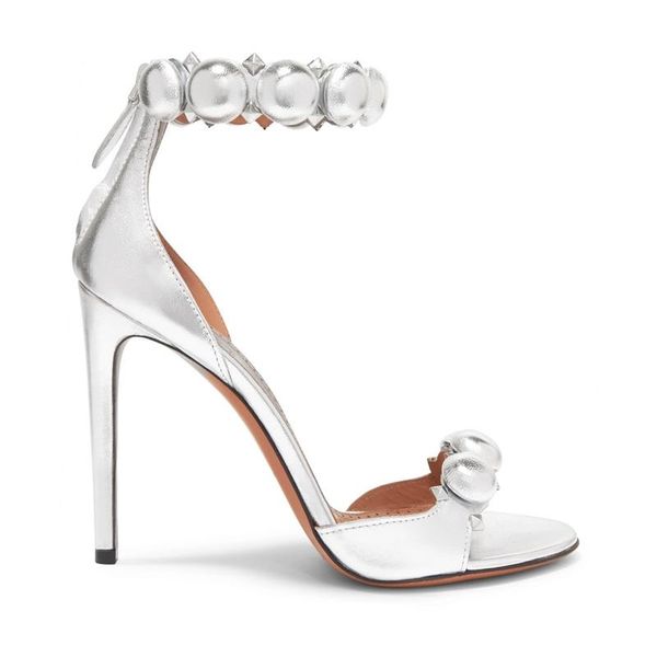 

dress shoes selling silver leather woman summer open toe rivets studded thin heels sandal 2021 ankle strap gladiator, Black