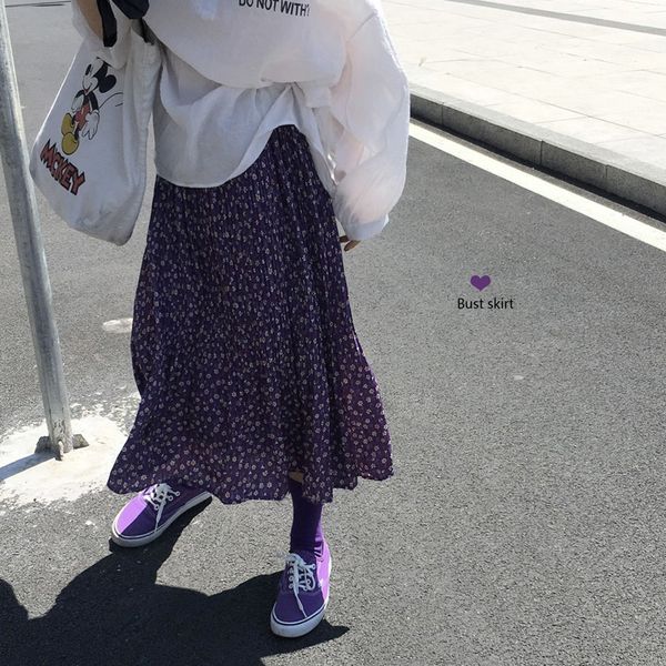 

2021 autumn summer new pleated purple daisy female korean chic retro loose floral high waist a- line skirt 6803, Black