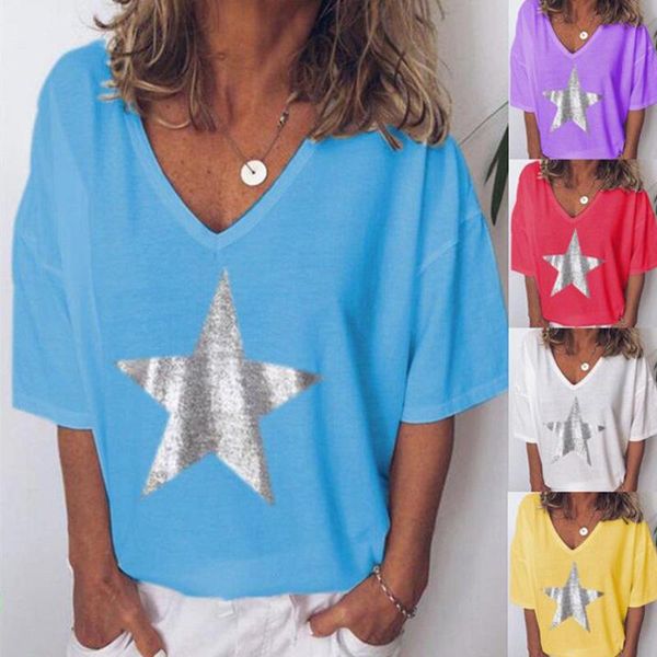 

women's t-shirt women casual five-pointed star v-neck short sleeve t-shirts for summer fs99, White